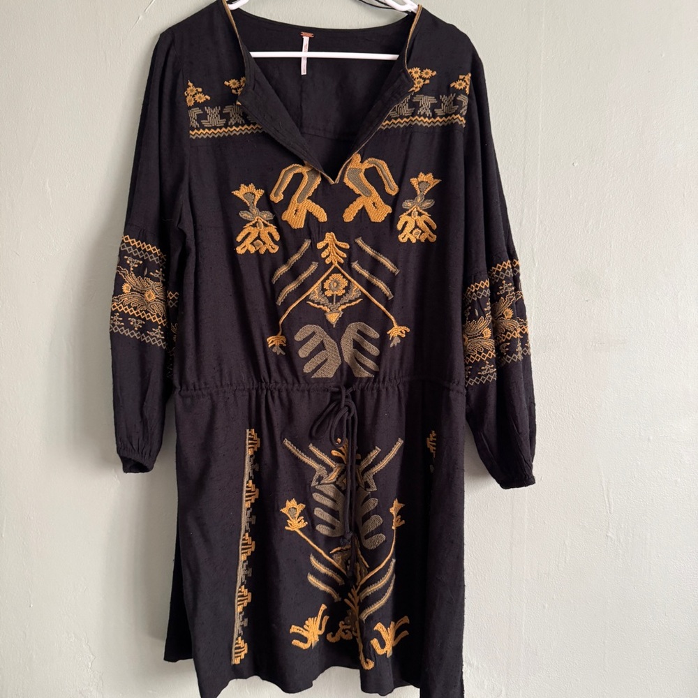 Free People Tunic Embroidered Dress Black Yelllow tribal long sleeve boho large - Picture 2 of 10
